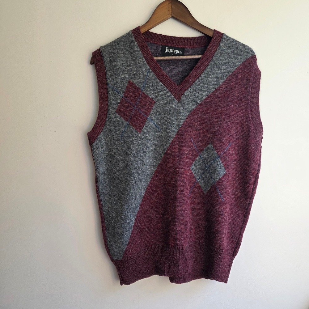 Vintage Jantzen Mens Large Wool Blend Argyle V-Neck Sweater Vest Made in USA